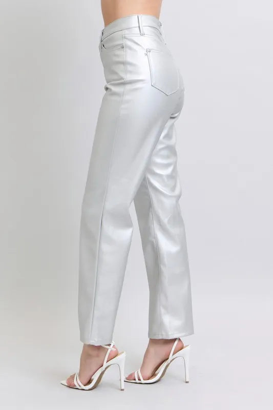 Judy Blue Full Size High Waist Silver Faux Leather Pants Plus Size - Lilixa.store