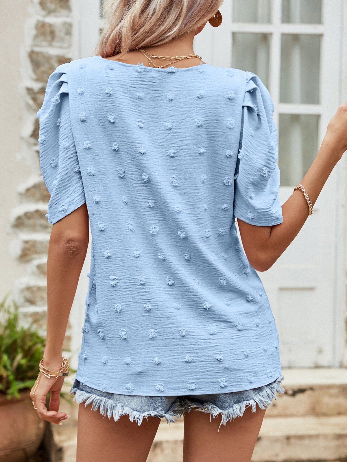 Swiss Dot Short Puff Sleeve Top, view 6