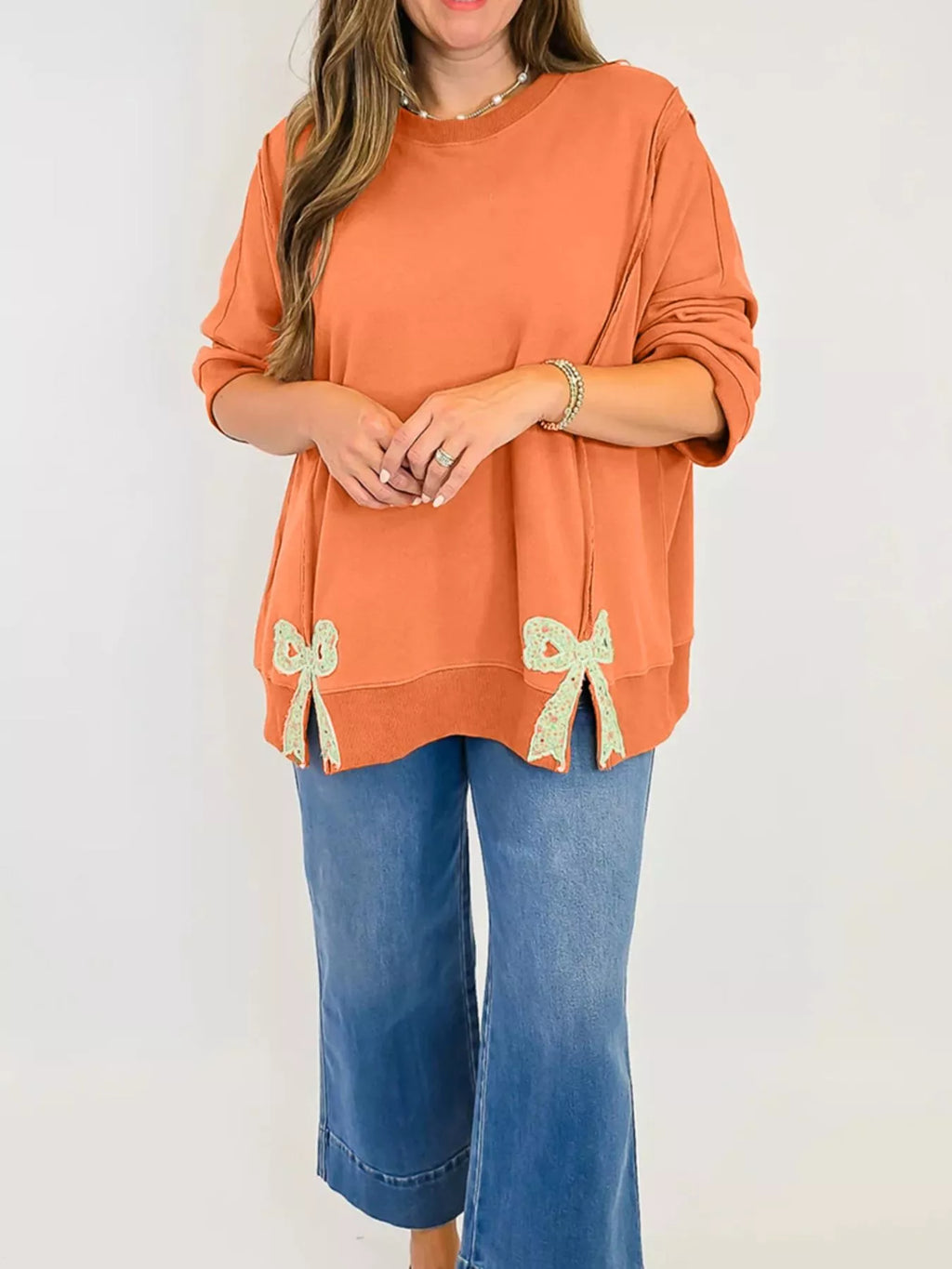 Bow Slit Round Neck Sweatshirt - Lilixa.store