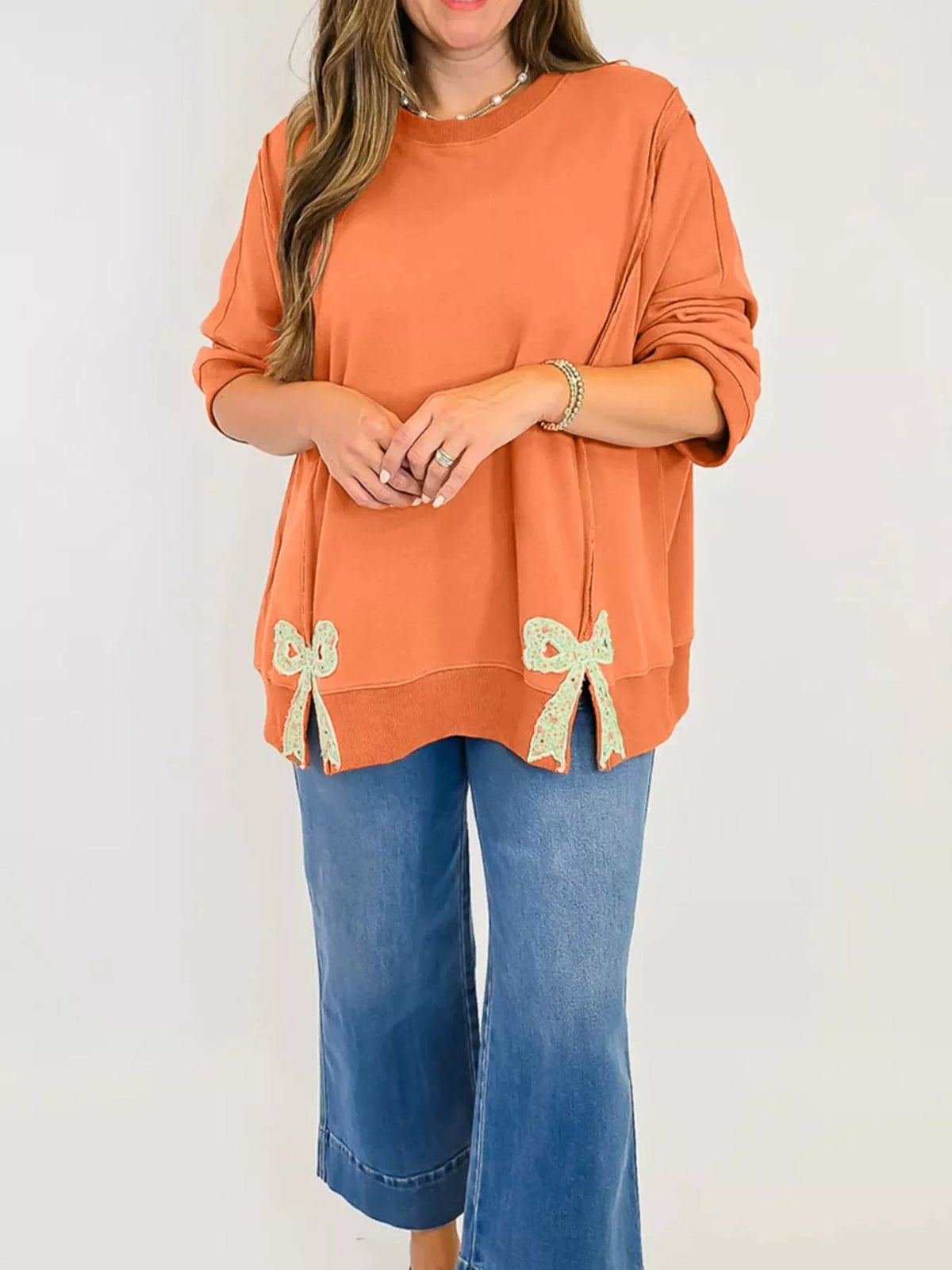 Bow Slit Round Neck Sweatshirt - Lilixa.store
