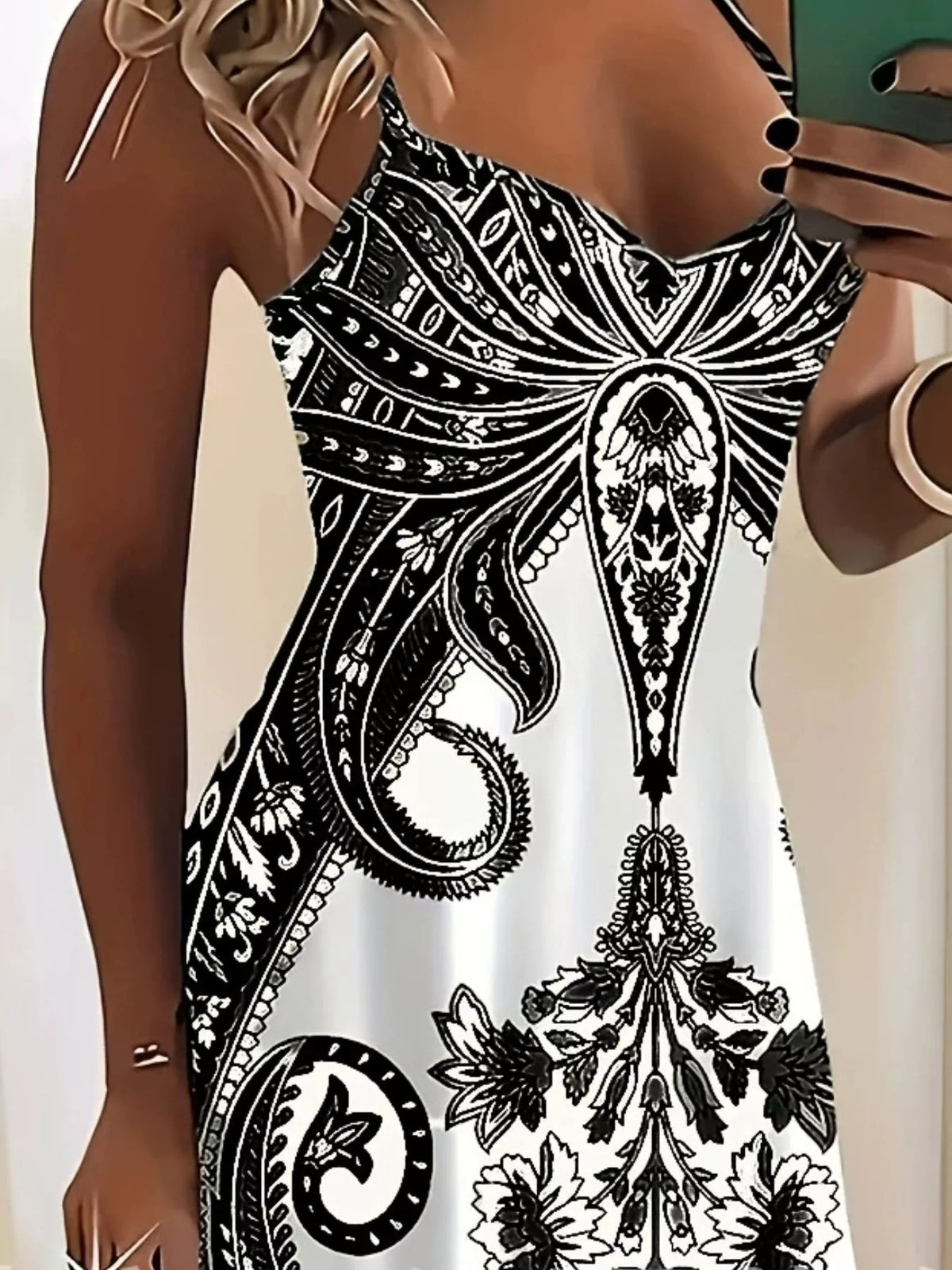 Printed Spaghetti Strap Maxi Dress in Black, view 2