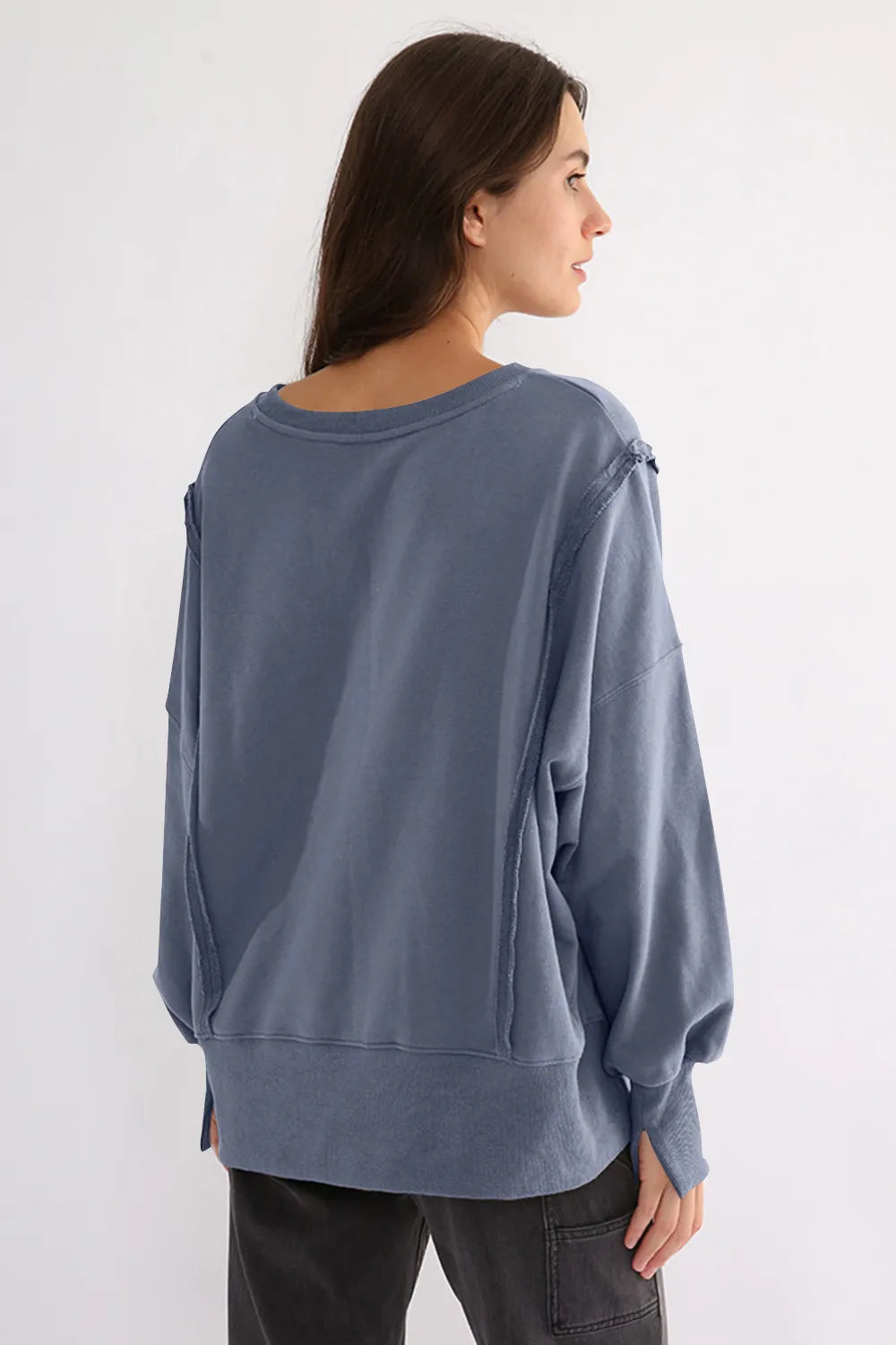 Exposed Seam High-Low Long Sleeve Sweatshirt - Lilixa.store