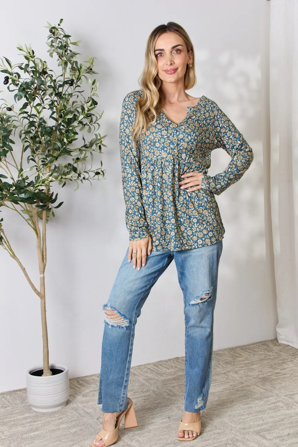 Heimish Full Size Floral Half Button Long Sleeve Blouse - Lilixa.store