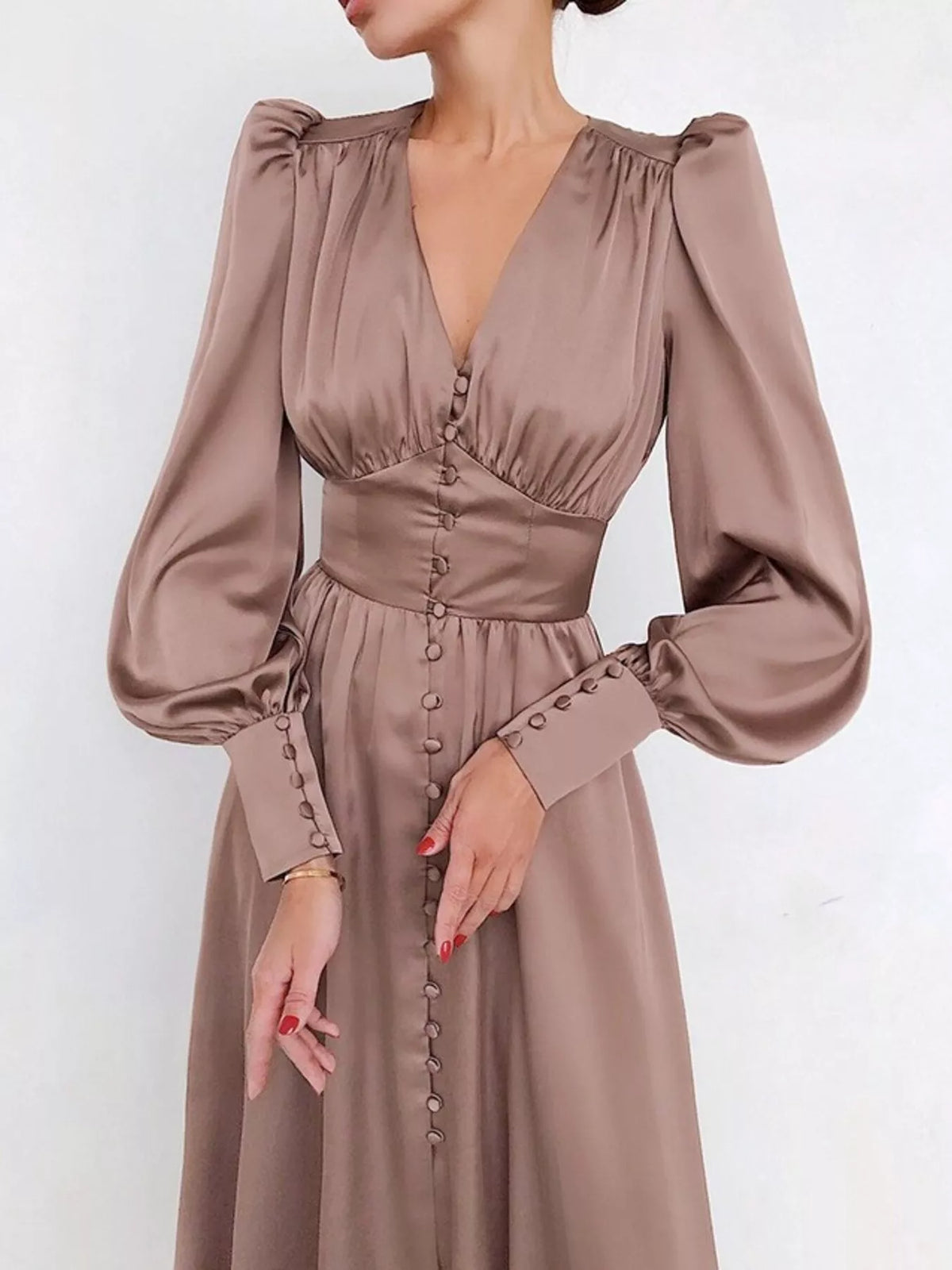 V-Neck Lantern Sleeve Midi Dress in Pink Brown