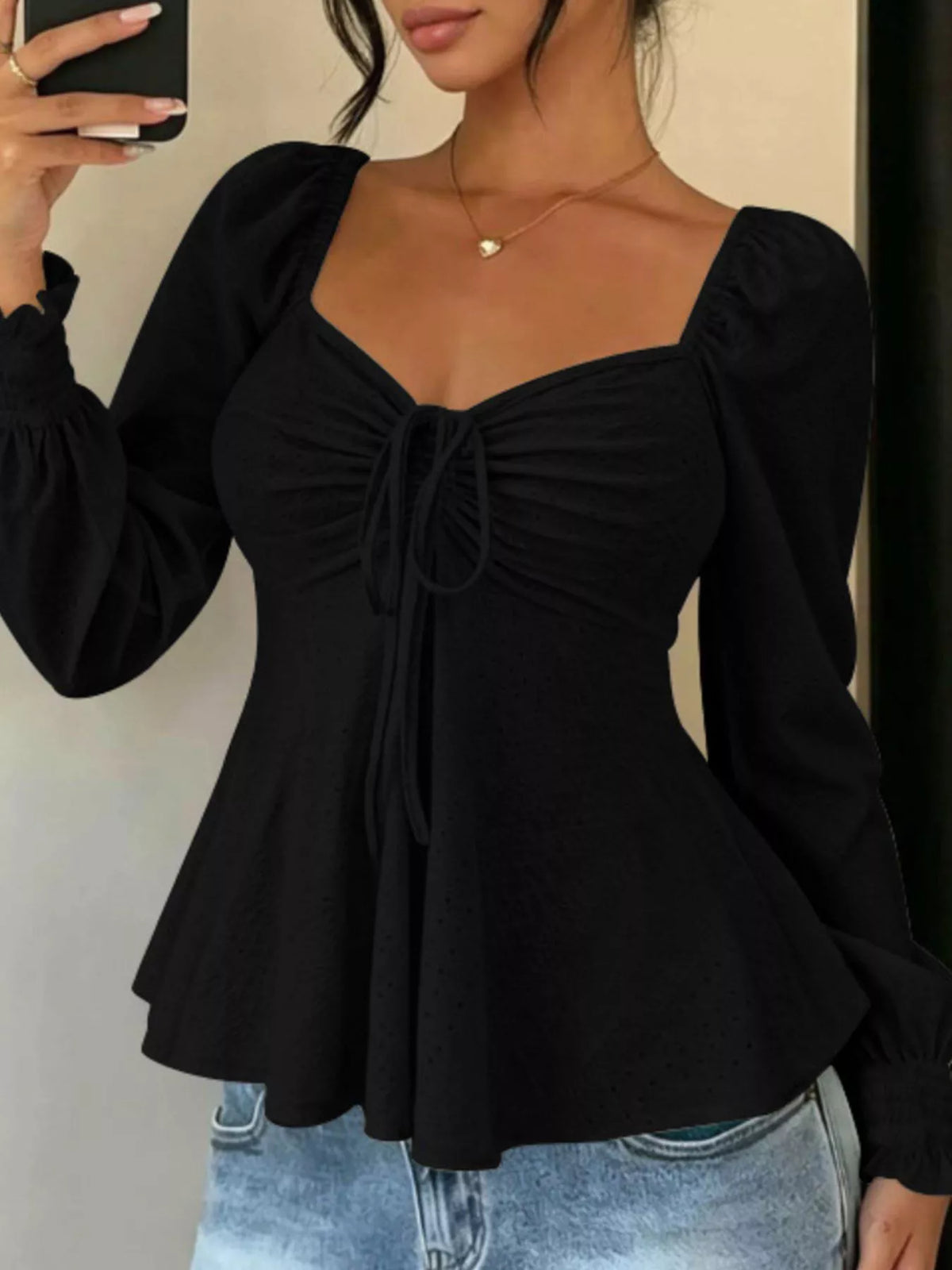 Ruched Sweetheart Neck Long Sleeve Top in Black