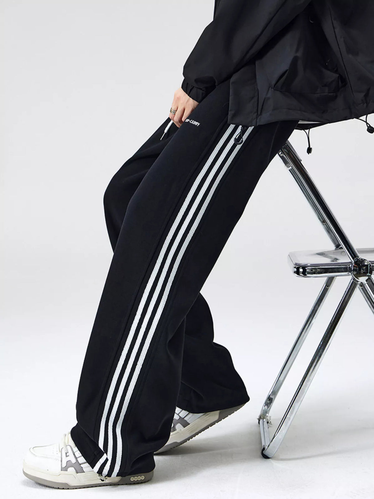 Men's Plus Size Relaxed Fit Pants with Side Stripes in Black