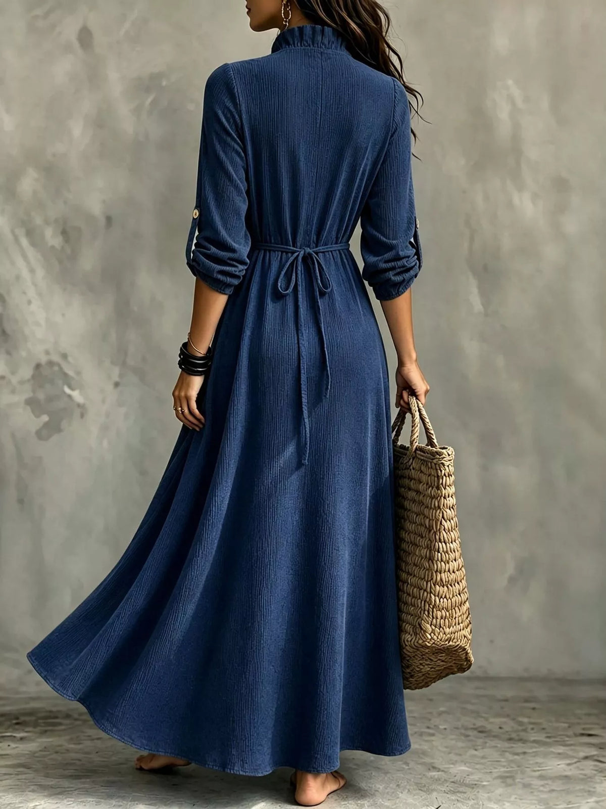 Full Size V-Neck Maxi Dress with Roll-Up Sleeves Plus Size - Lilixa.store
