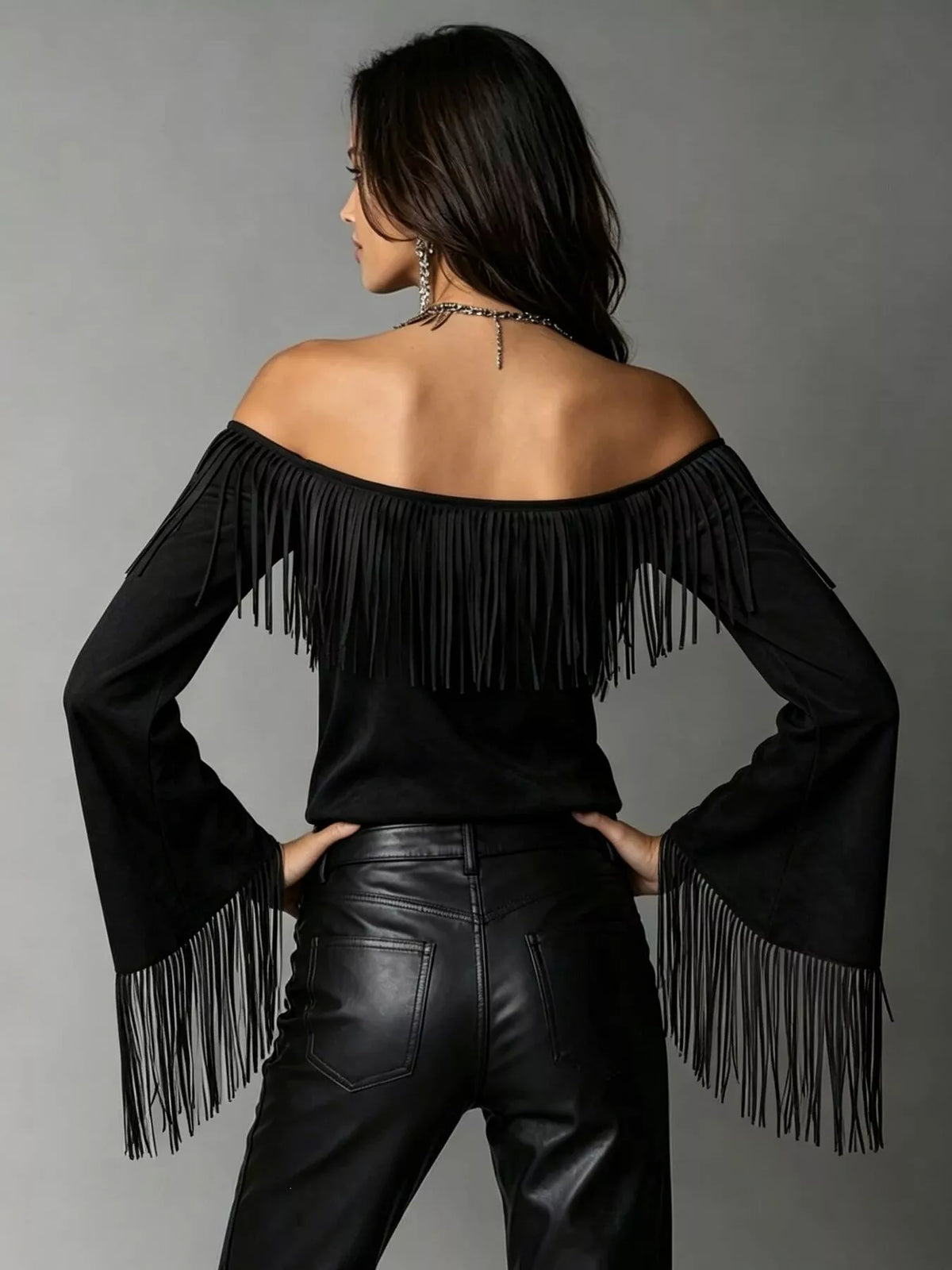 Full Size Fringed Off-Shoulder Flare Sleeve Top Plus Size - Lilixa.store