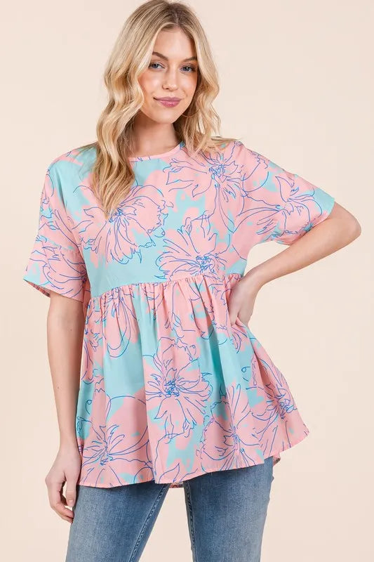 BOMBOM Floral Babydoll Tunic Top - Lilixa.store