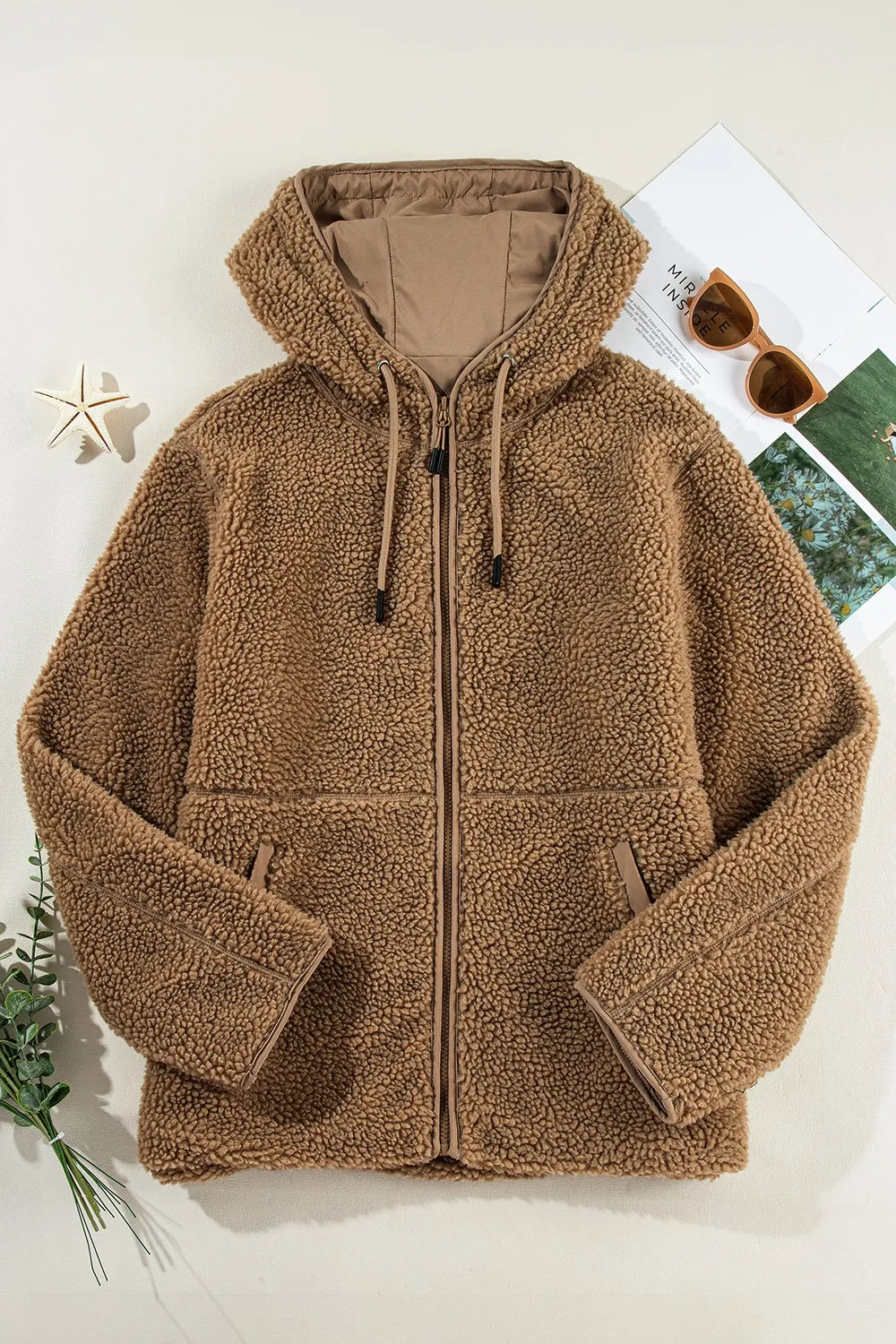Drawstring Fleece Zip Up Hooded Jacket, view 12