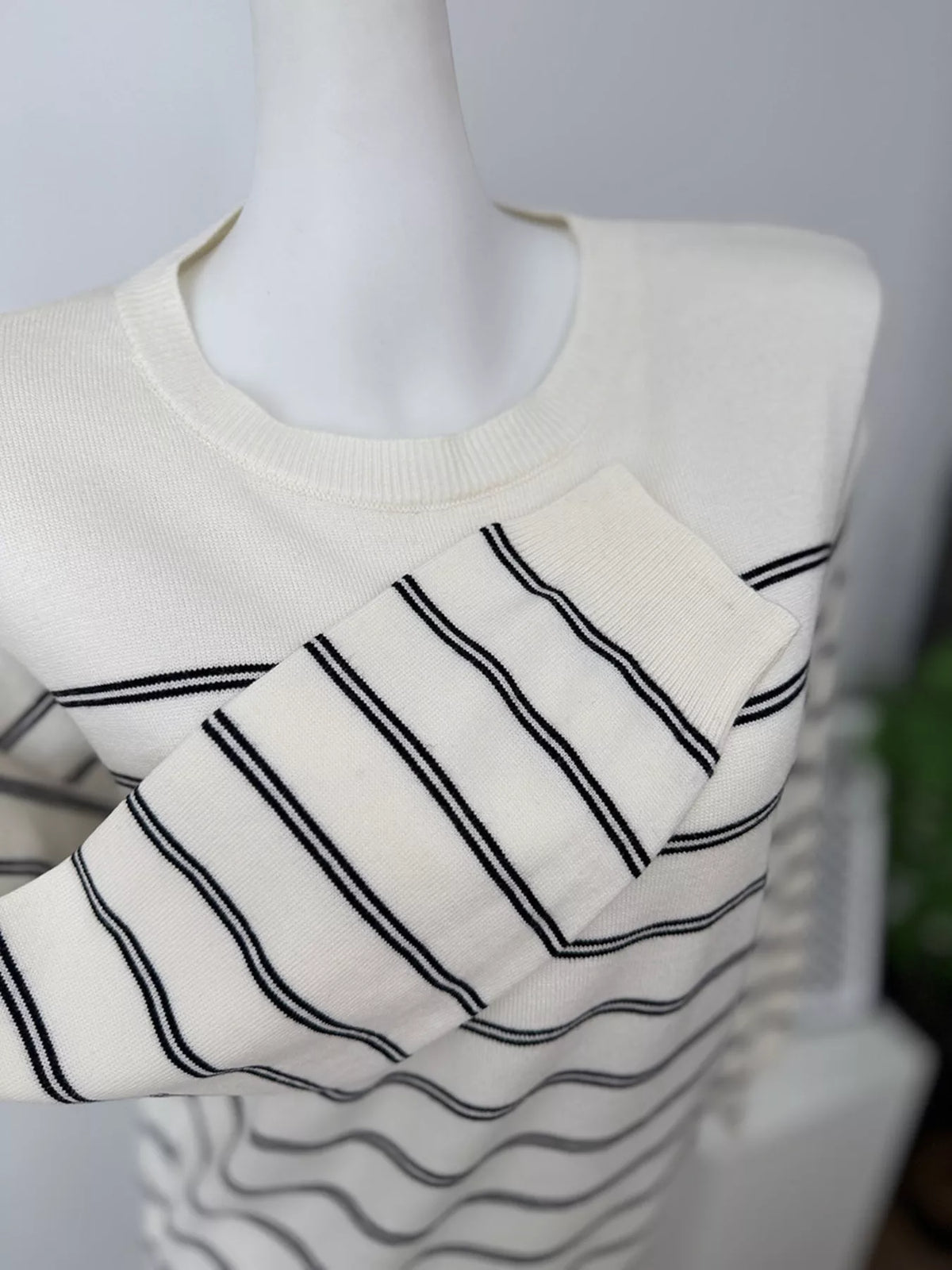 Classic Striped Crewneck Knit Top with Layered Sweater Detail, view 7