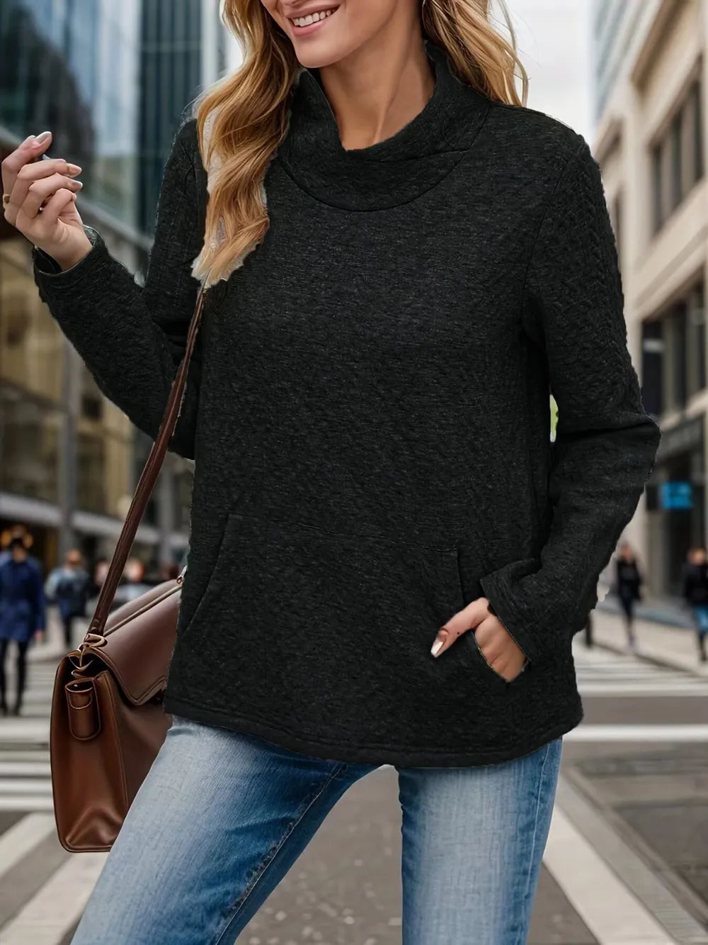 Pocketed Turtleneck Long Sleeve Sweatshirt in Black