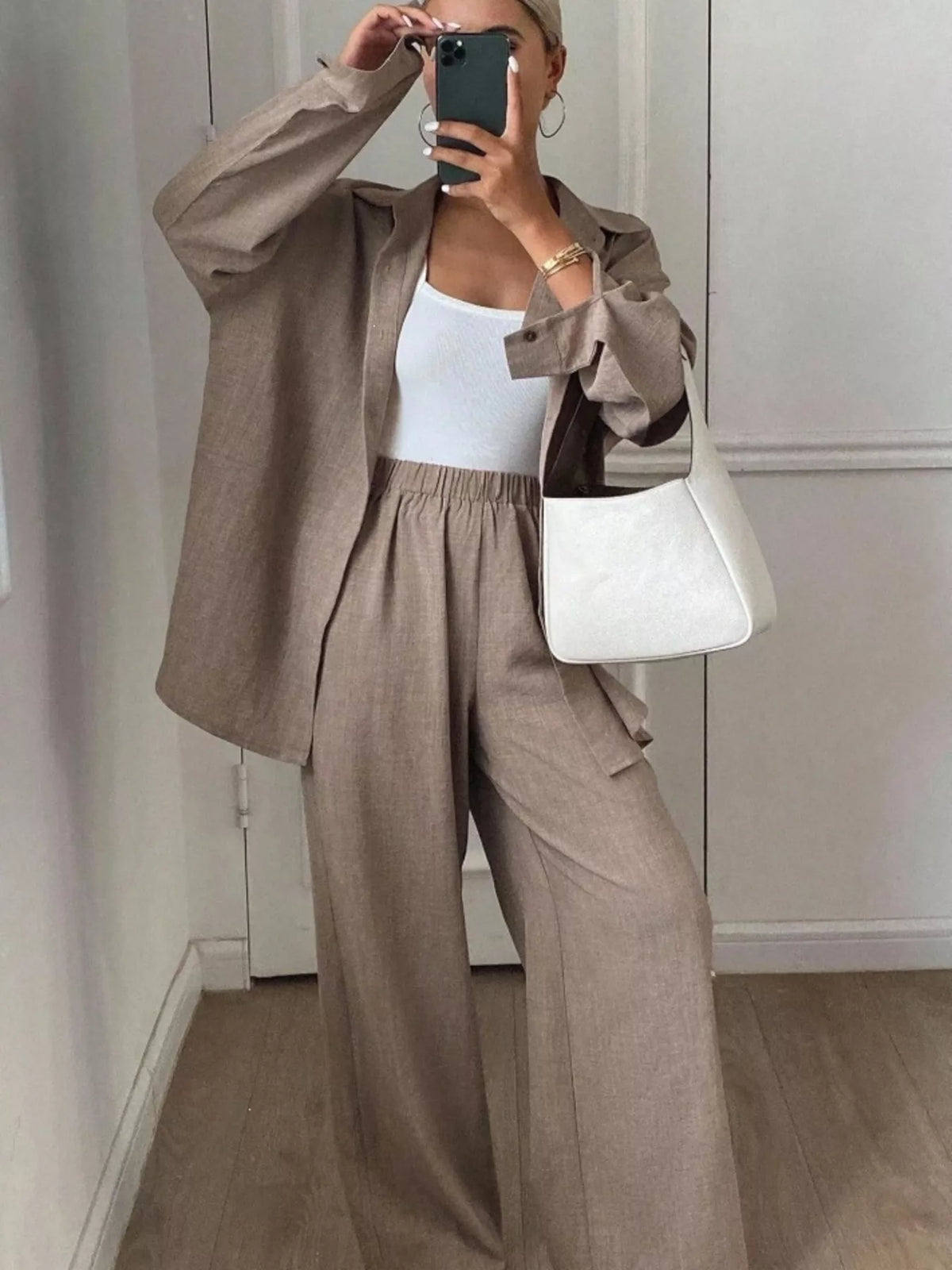 Button-Down Shirt and Wide-Leg Pants Set, view 19