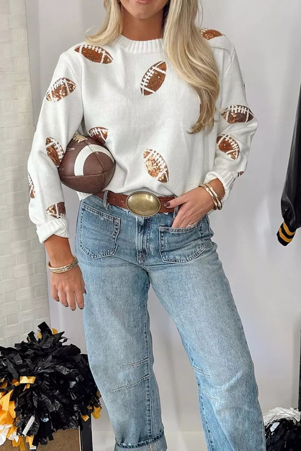 Sequin Football Print Round Neck Long Sleeve Loose Fit Sweater - Lilixa.store