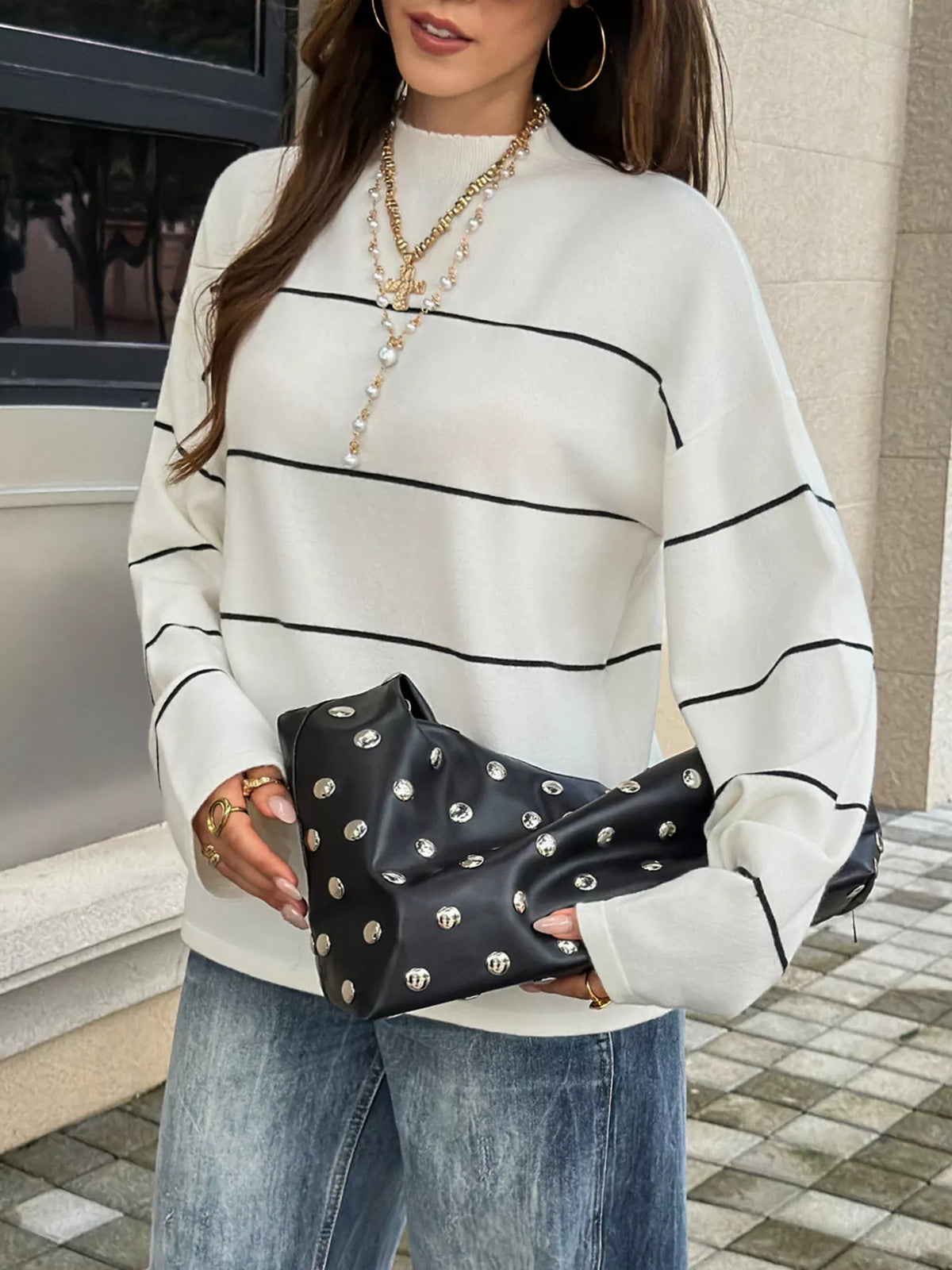 Striped Mock Neck Sweater - Lilixa.store