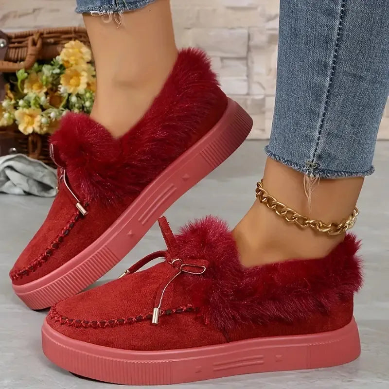 Bow Furry Round Toe Flat Slip-Ons, view 7