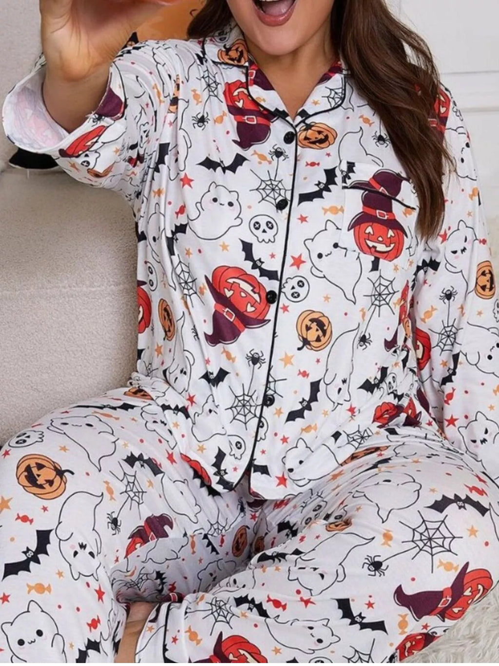 Plus Size Halloween Ghost and Pumpkin Print Top and Pants Lounge Set - Lilixa.store