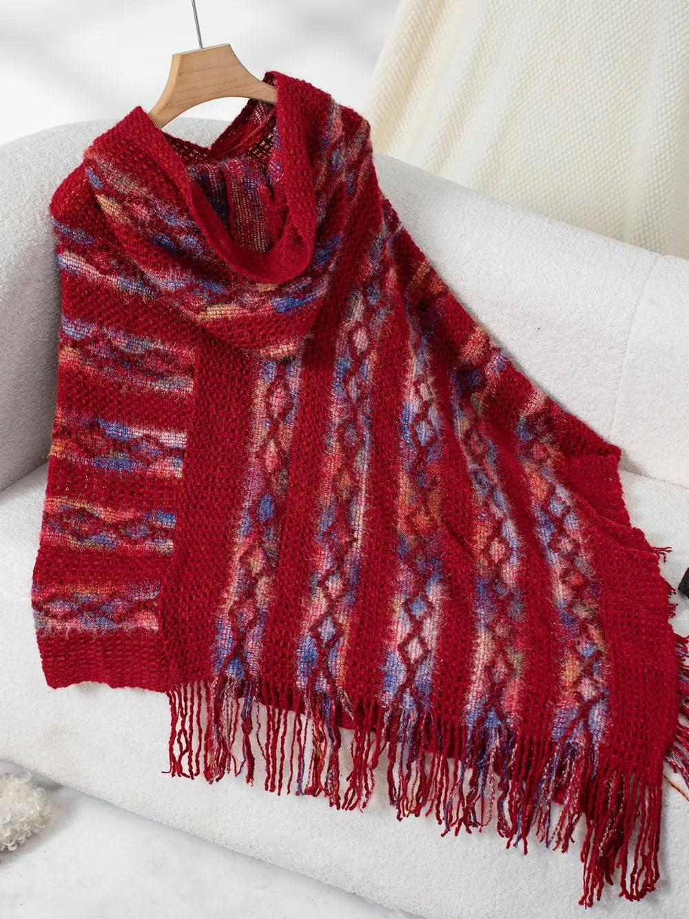 Fringe Contrast Hooded Poncho in Rust