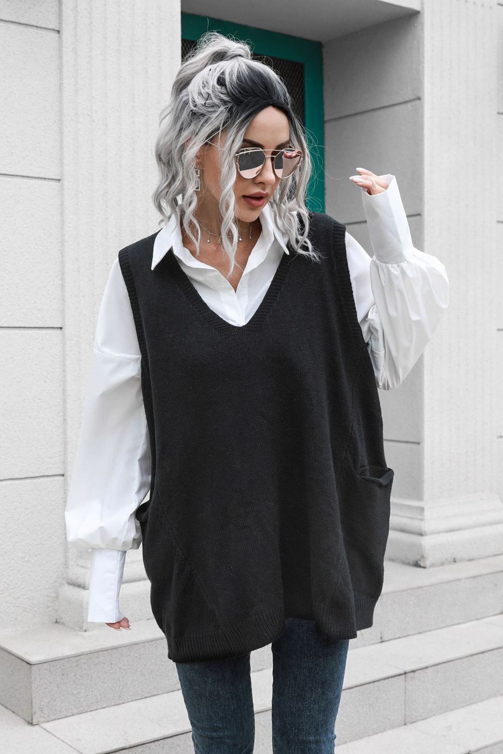 V-Neck Sleeveless Sweater Vest with Pocket in Black, view 3