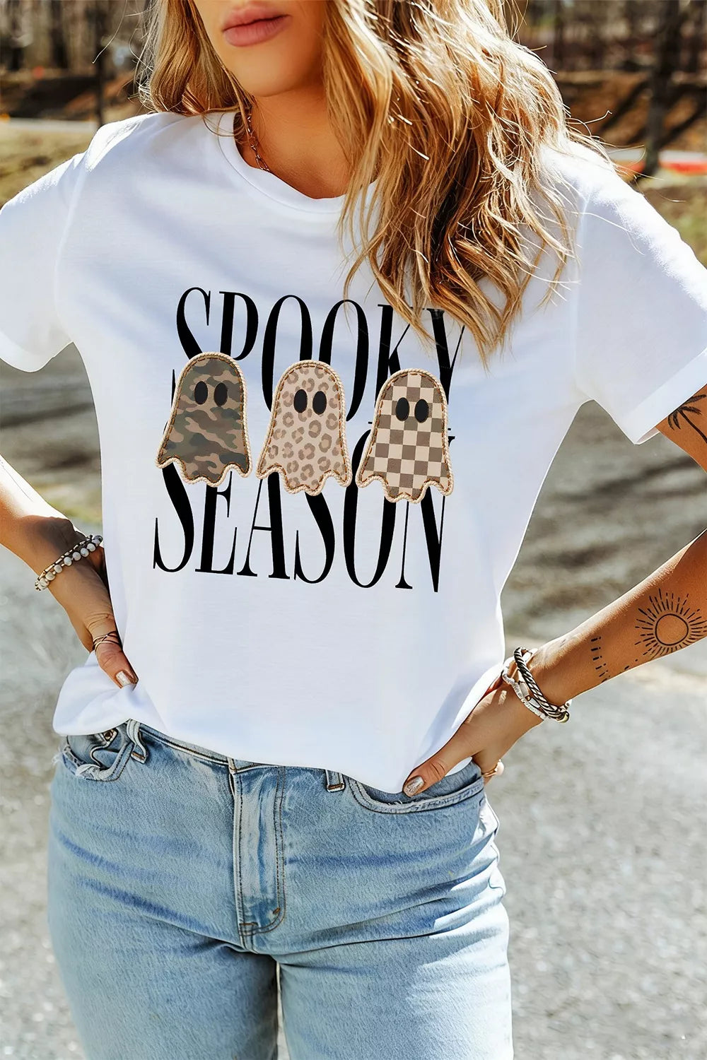 Full Size Spooky Season Ghosts Graphic Short Sleeve Halloween T Shirt Plus Size - Lilixa.store