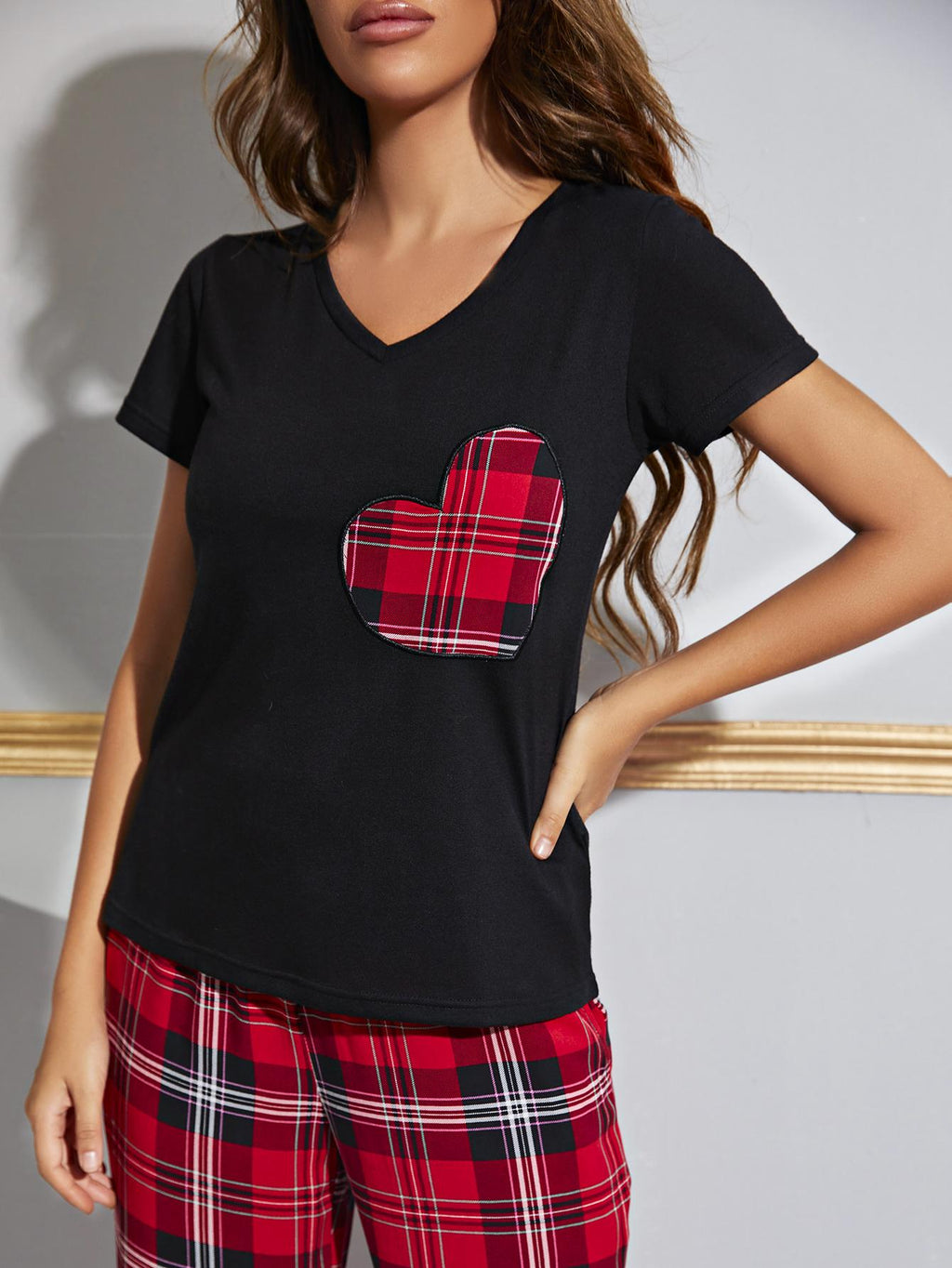 Heart Graphic V-Neck Top and Plaid Pants Lounge Set - Lilixa.store