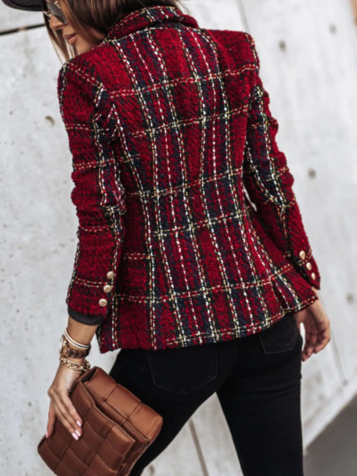 Full Size Plaid Tweed Double-Breasted Blazer Plus Size - Lilixa.store