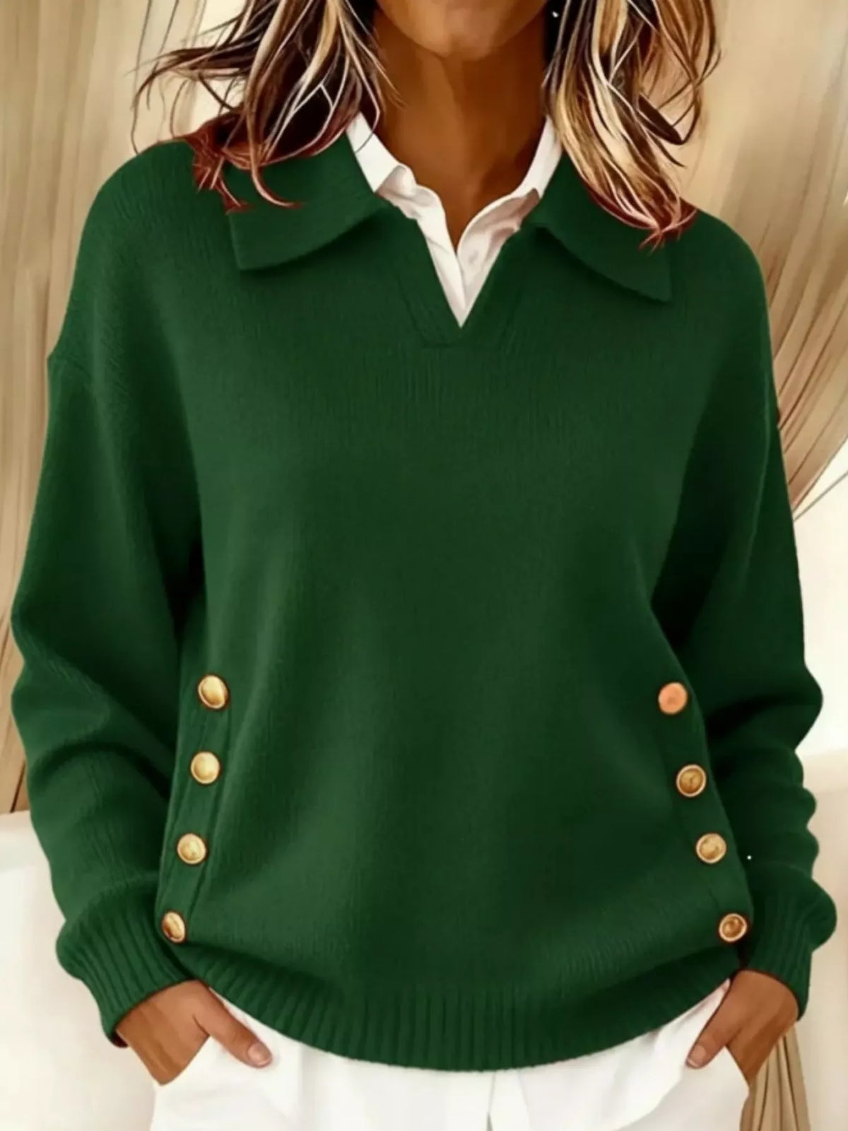 Full Size Decorative Button Dropped Shoulder Sweater Plus Size