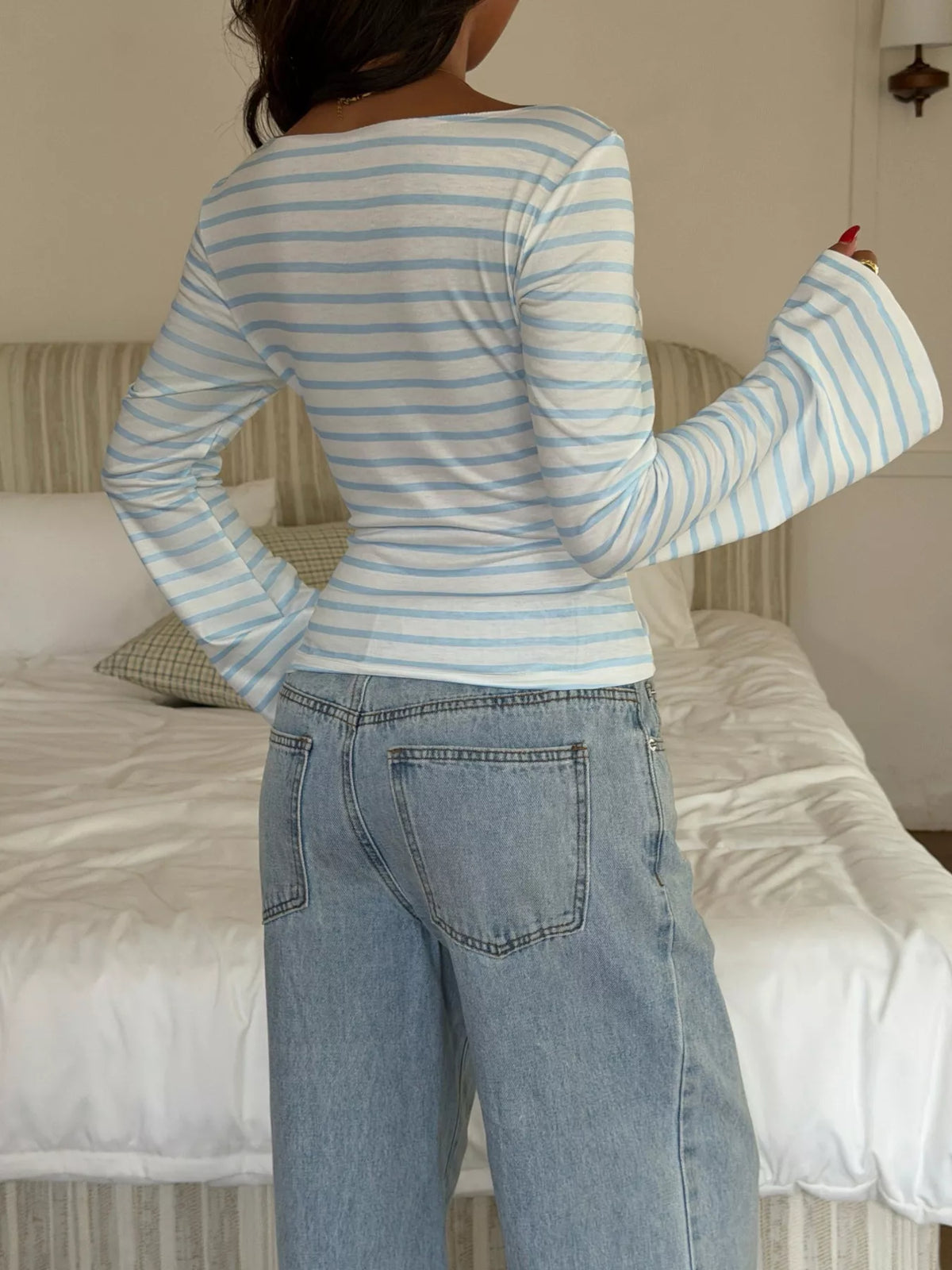 Striped Flare Sleeve Slim Fit T-Shirt