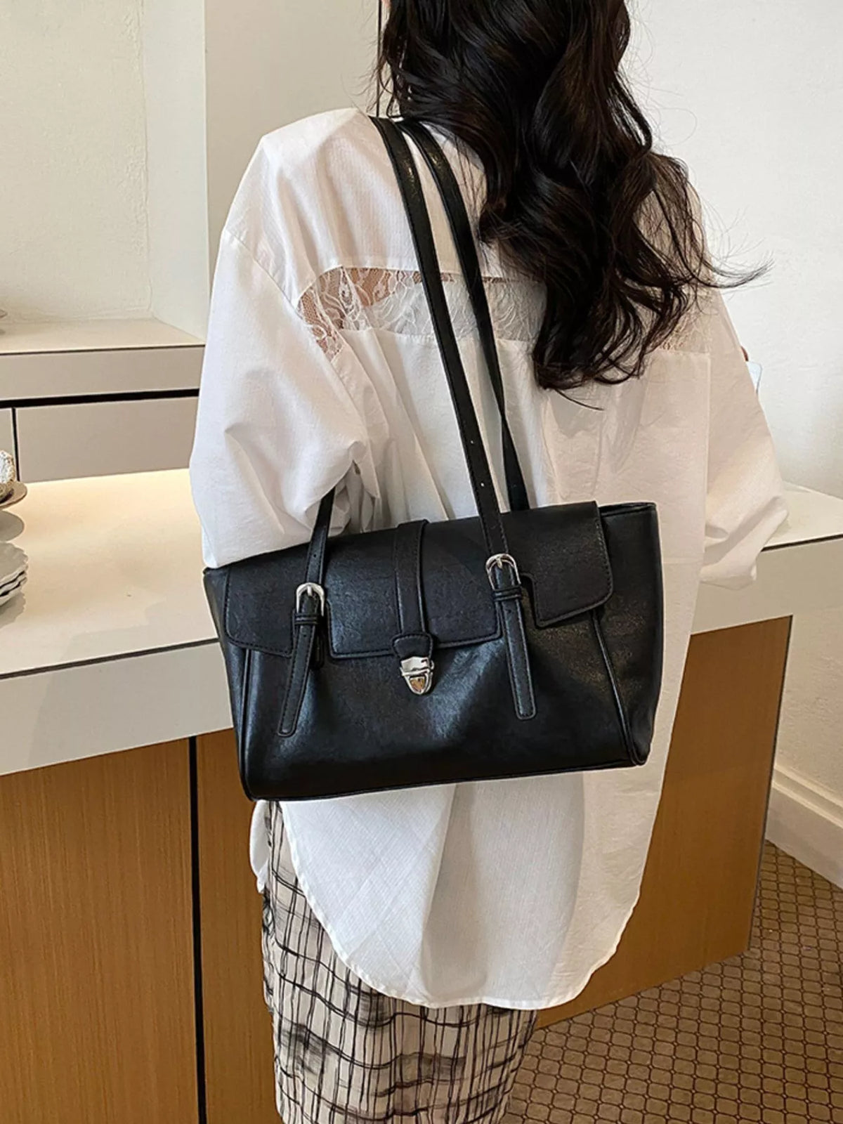 PU Leather Tote Bag with Buckle Detail