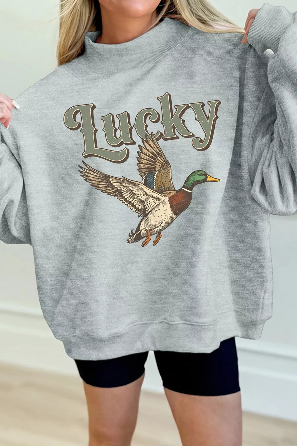 Lucky Mallard Graphic Mock Neck Casual Sweatshirt in Gray, view 2