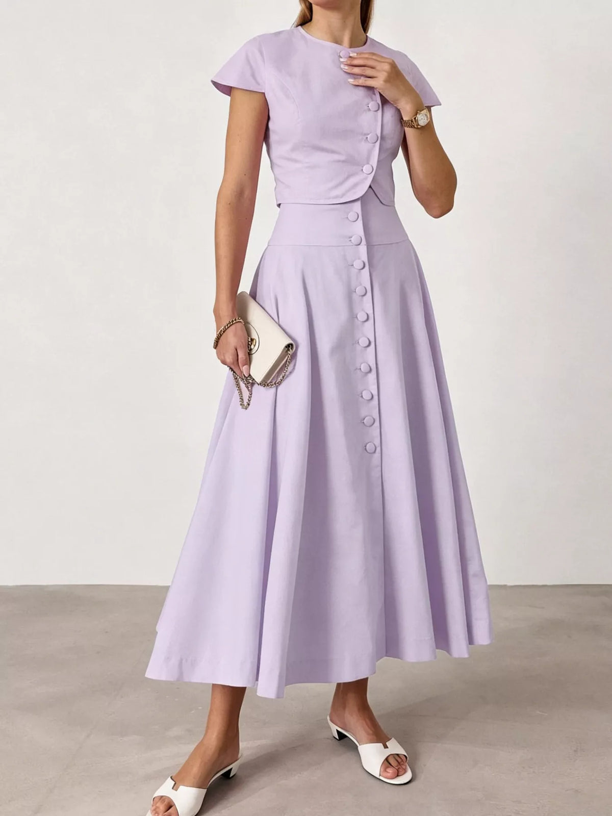Cap Sleeve Button-Down Crop Top and Midi Skirt Set in Light Purple