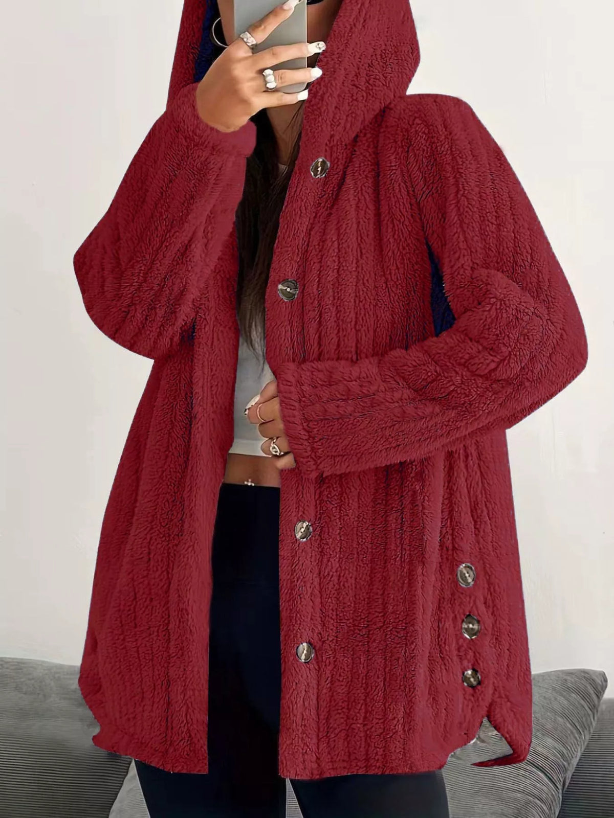 Full Size Fleece Button Up Hooded Outerwear Plus Size in Red