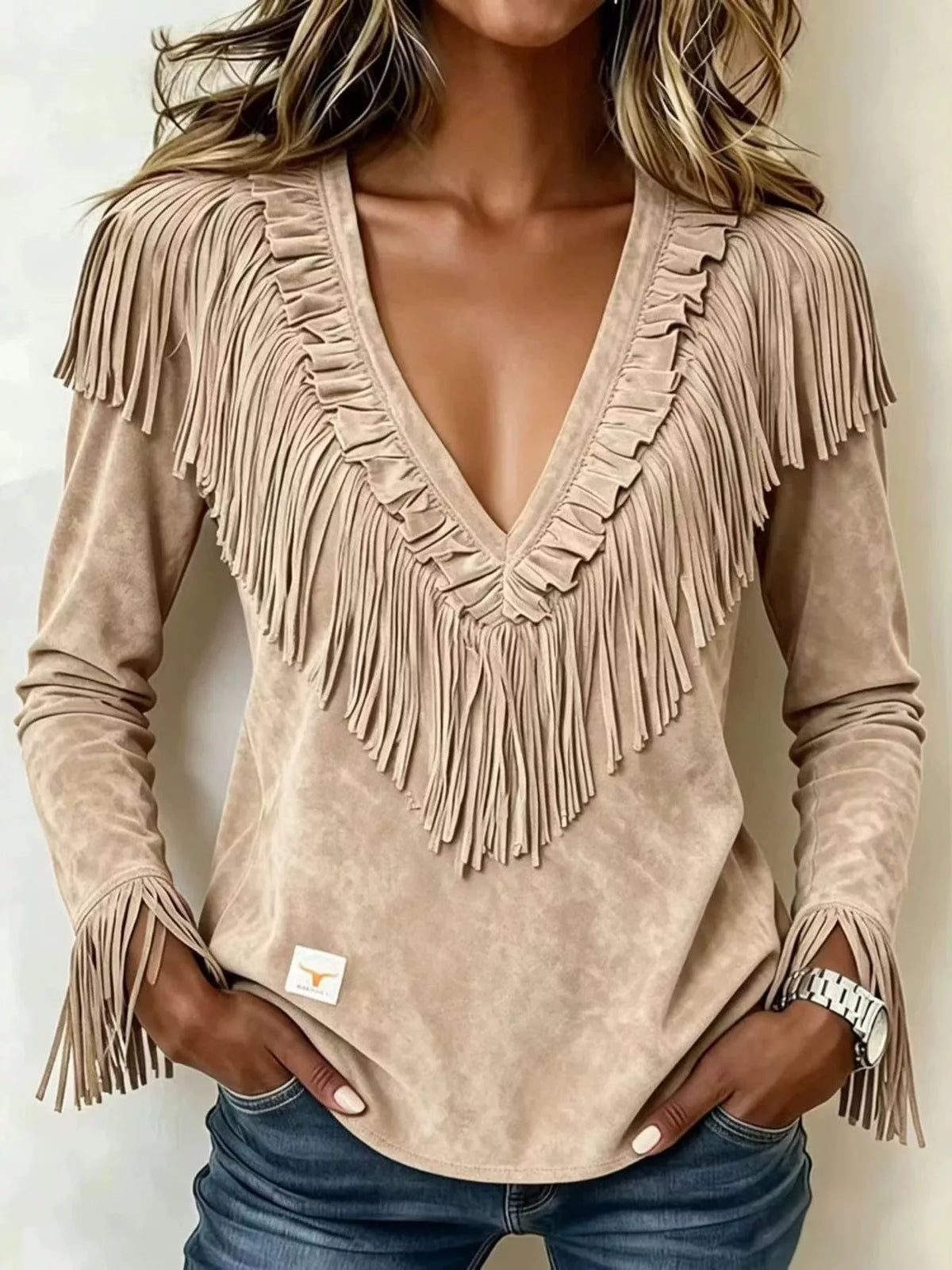 Fringed V-Neck Blouse