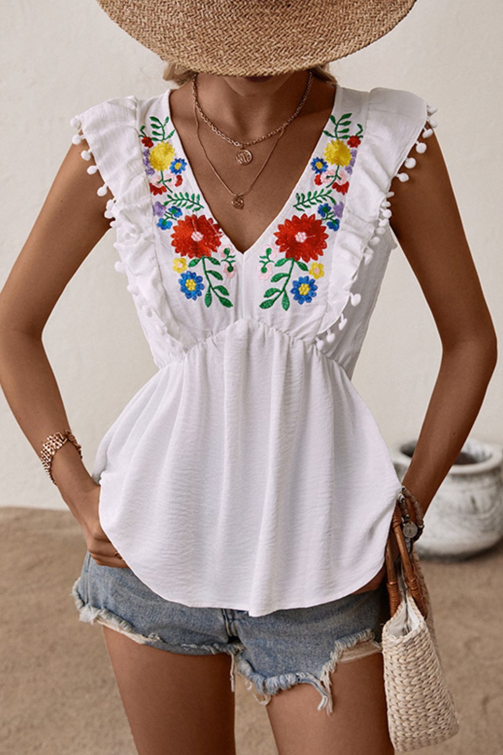 Perfee Embroidered Pom-Pom Trim Cap Sleeve Babydoll Top in White, view 4