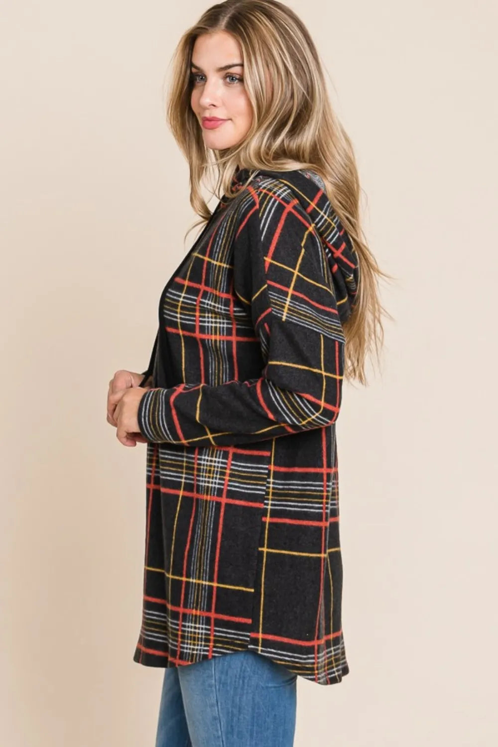 BOMBOM Drawstring Plaid Long Sleeve Hoodie - Lilixa.store