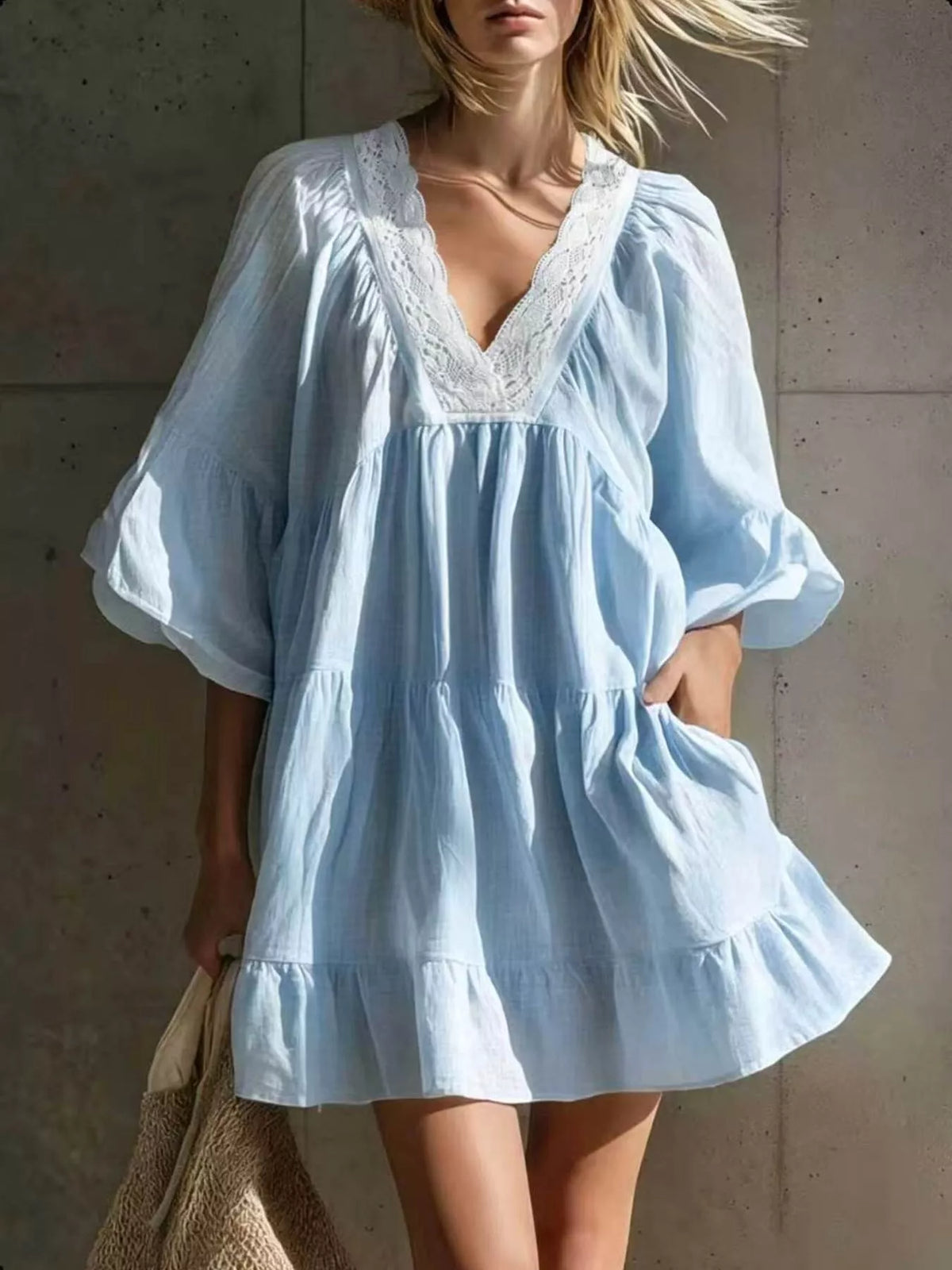 Full Size Lace Trim Puff Sleeve Mini Dress Plus Size