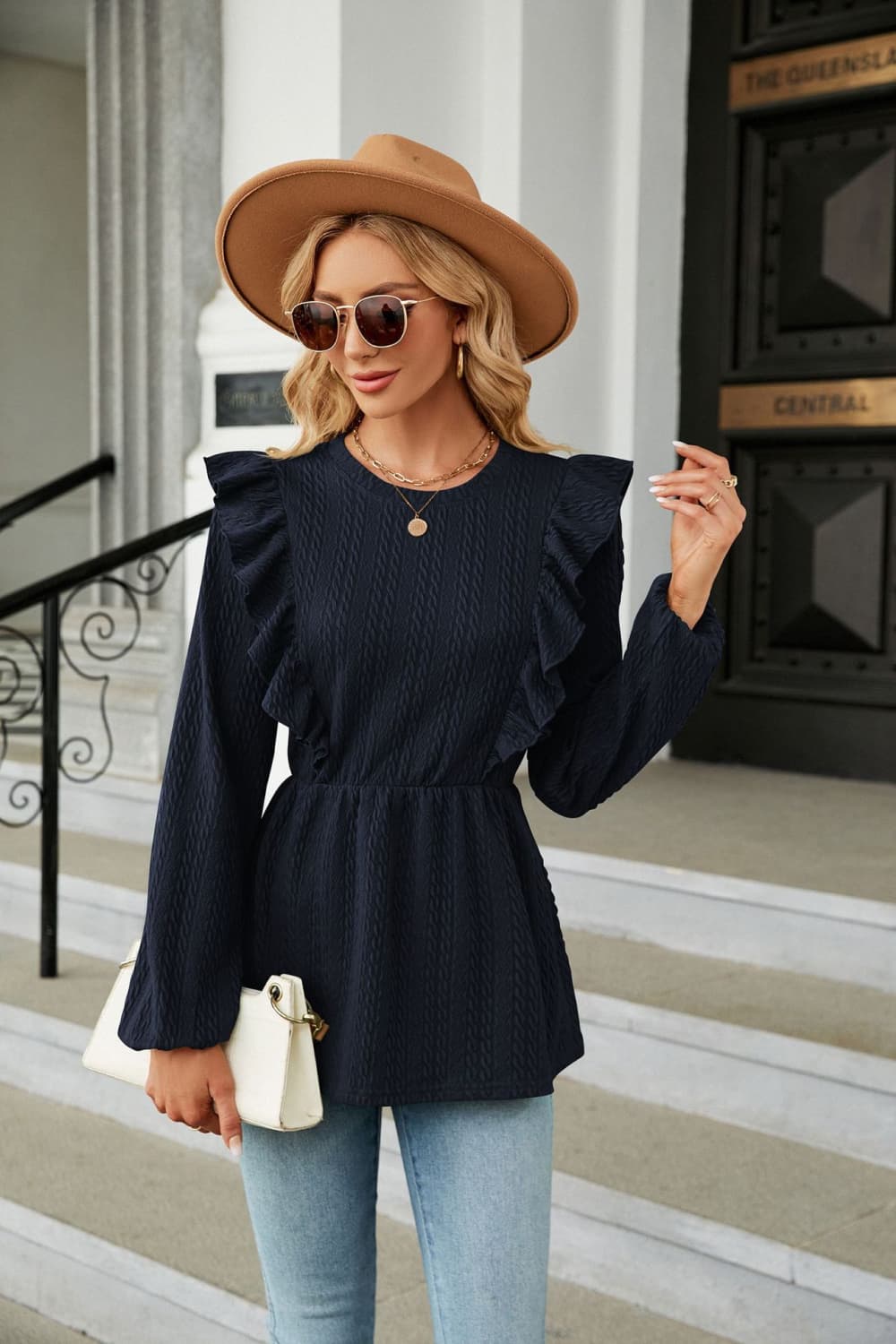 Round Neck Ruffled Peplum Blouse in Navy