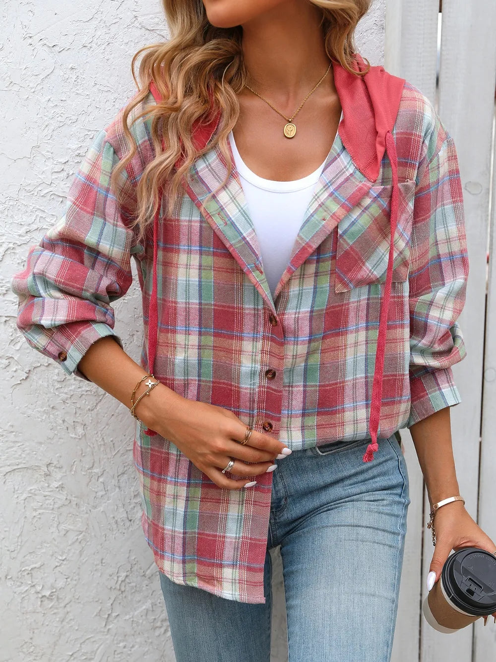 Plaid Long Sleeve Hooded Jacket in Deep Red