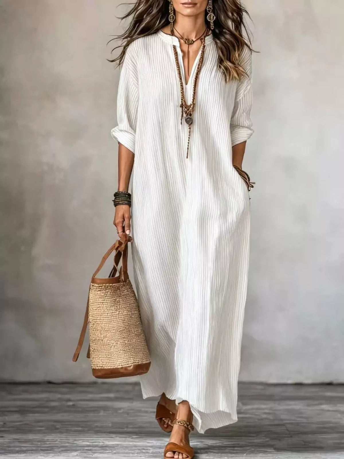Full Size Striped Notched Maxi Dress with Pockets Plus Size - Lilixa.store
