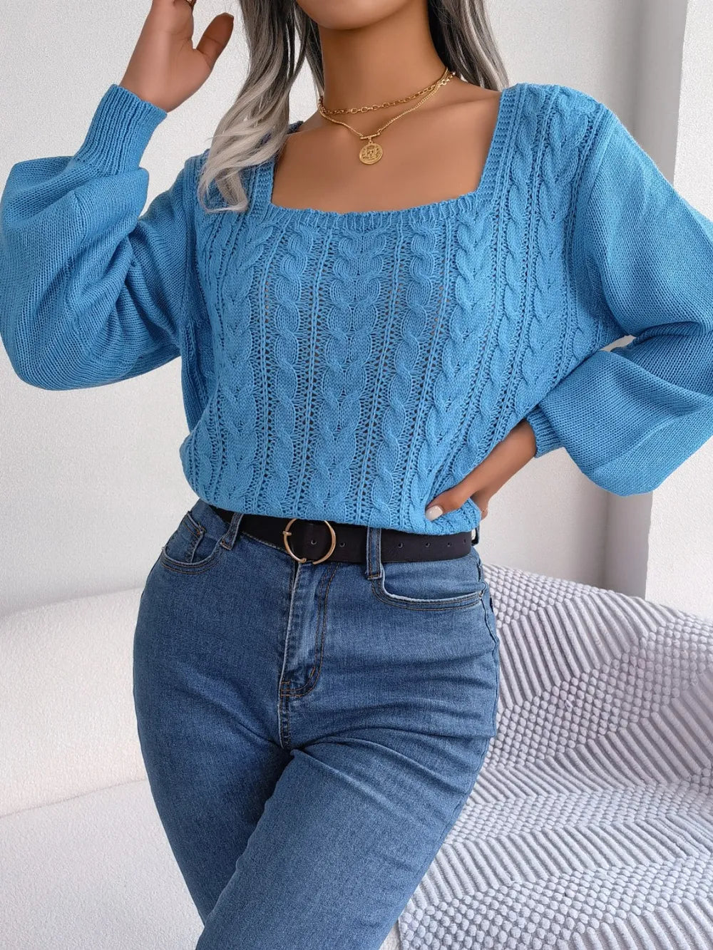 Cable-Knit Square Neck Long Sleeve Sweater, view 5