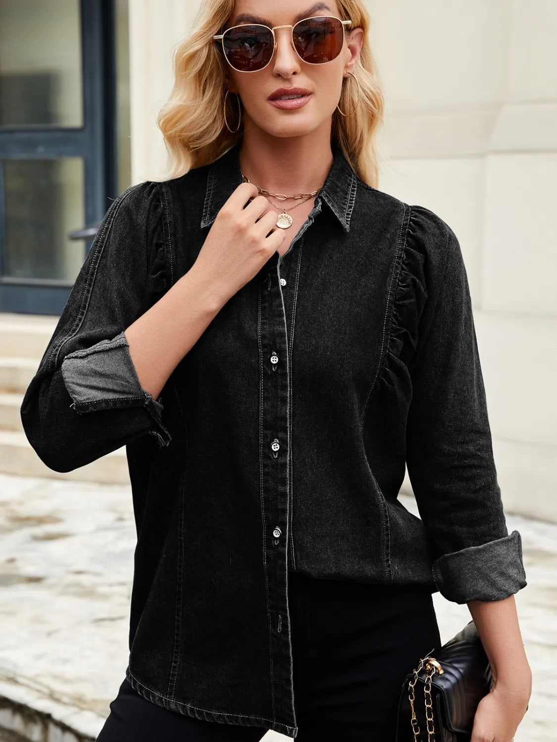 Button Down Collared Neck Denim Shirt - Lilixa.store