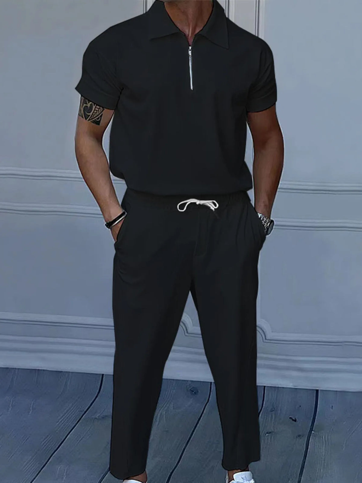 Men's Full Size Quarter Zip Short Sleeve Polo and Pants Set Plus Size in Black