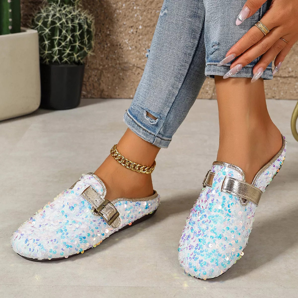 Sparkling Sequin Buckle Slip-On Loafers in Sky Blue