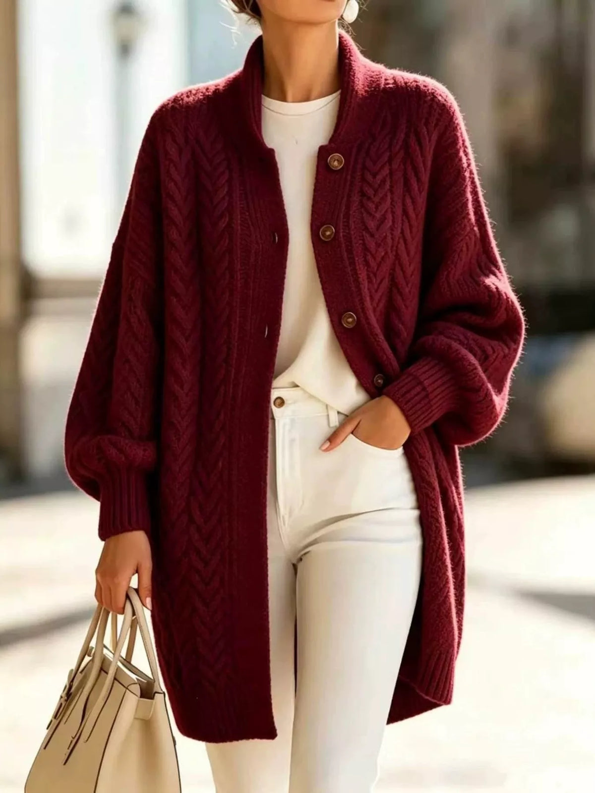 Full Size Cable-Knit Button-Down Cardigan Plus Size in Burgundy