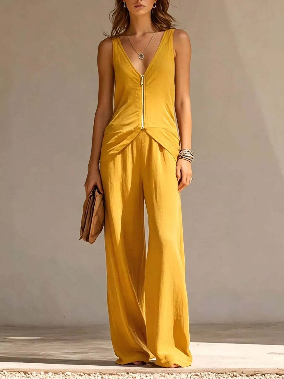 Full Size Zipper Front Tank and Wide-Leg Pants Set Plus Size - Lilixa.store