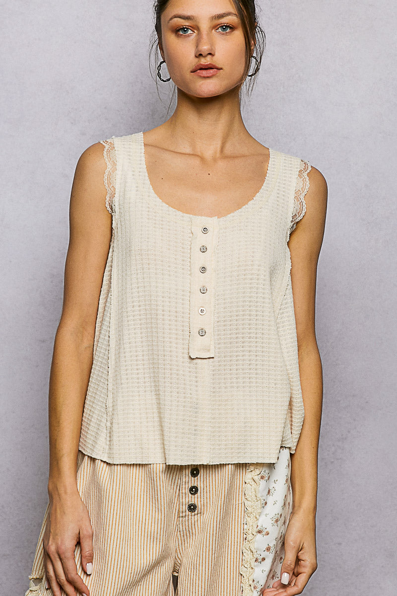 POL Textured Knit Round Neck Tank with Lace Detail - Lilixa.store