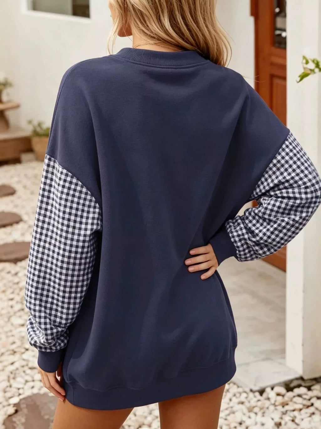 Contrast Gingham Long Sleeve Sweatshirt - Lilixa.store