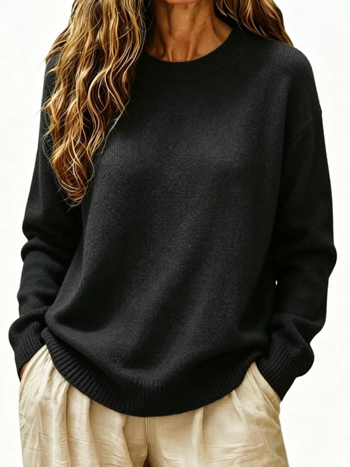 Full Size Round Neck Dropped Shoulder Sweater Plus Size - Lilixa.store