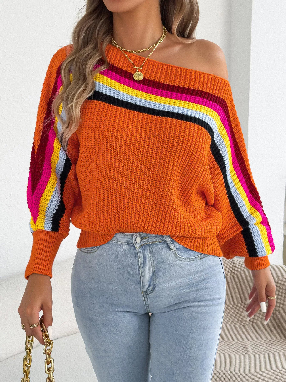 Striped Knit Boat Neck Sweater