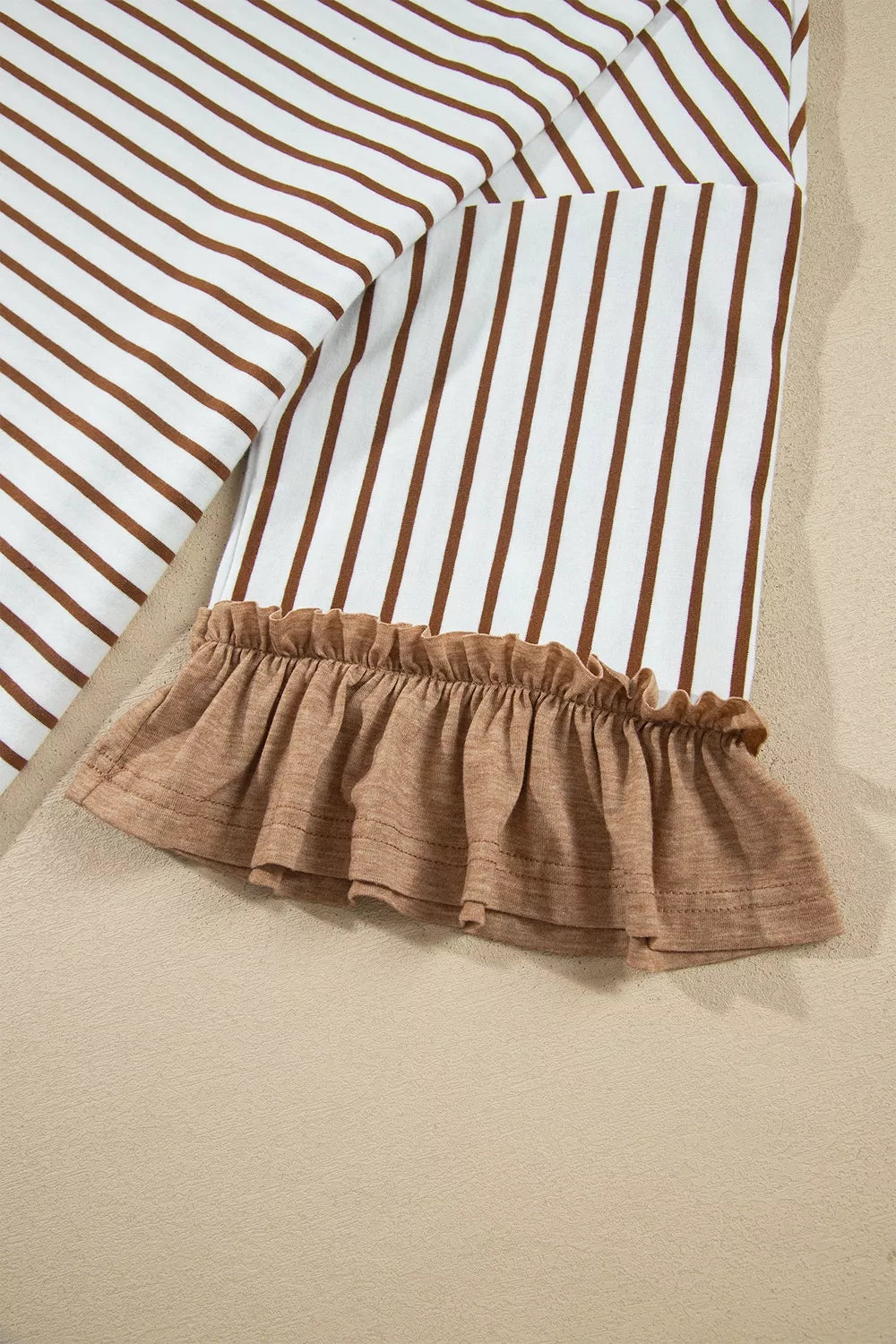 Stripe V Neck Ruffle Contrast Sleeve Top Drawstring Pants 2pcs Set - Lilixa.store